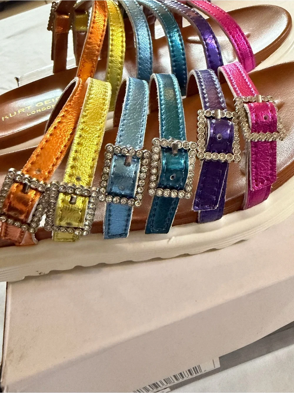 Kurt Geiger Rainbow Jeweled Multi-Stripe Slide Sandals